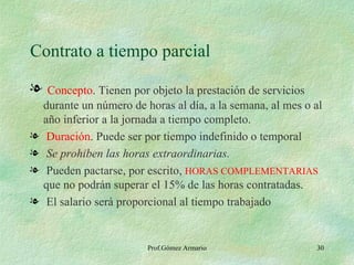 Contrato a tiempo parcial Concepto . Tienen por objeto la prestación de servicios durante un número de horas al día, a la semana, al mes o al año inferior a la jornada a tiempo completo. Duración . Puede ser por tiempo indefinido o temporal Se prohiben las horas extraordinarias. Pueden pactarse, por escrito,  HORAS COMPLEMENTARIAS  que no podrán superar el 15% de las horas contratadas. El salario será proporcional al tiempo trabajado Prof.Gómez Armario 