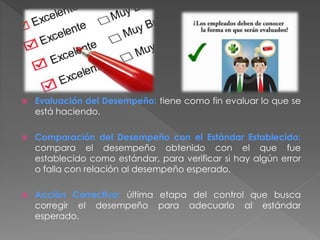  Evaluación del Desempeño: tiene como fin evaluar lo que se 
está haciendo. 
 Comparación del Desempeño con el Estándar Establecido: 
compara el desempeño obtenido con el que fue 
establecido como estándar, para verificar si hay algún error 
o falla con relación al desempeño esperado. 
 Acción Correctiva: última etapa del control que busca 
corregir el desempeño para adecuarlo al estándar 
esperado. 
 