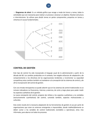 13 
Diagramas de árbol: Es un método gráfico que recoge a modo de tronco y ramas, todas la actividades que son necesarias para realizar un proceso o alcanzar un objetivo. Revelan estructura e interrelaciones. Se utilizan para dividir temas en partes componentes, proyectos en tareas y síntomas en causas fundamentales. 
CONTROL DE GESTIÓN 
Este tipo de control ha sido incorporado al lenguaje usual de la administración a partir de la década del 60. Los cambios producidos en el contexto, han exigido esfuerzos de adaptación y de comportamiento a los directivos de las organizaciones tendientes a incrementar su capacidad competitiva; estos cambios también se trasladaron a la concepción de los sistemas de control, y de allí la incorporación del control de gestión. Con una mirada retrospectiva se puede advertir que en los sistemas de control tradicionales no se incluían indicadores no financieros, internos y externos, de corto y largo plazo para poder medir los aspectos cualitativos de la gestión. La nueva concepción del control, propone dar énfasis a los aspectos cualitativos y no contables (exclusivamente cuantitativos) del control, sumando también, aspectos motivacionales y culturales. Esta visión resulta de la necesaria adaptación de las herramientas de gestión al uso por parte de organizaciones que viven en entornos emergentes e imprevisibles, donde indefectiblemente se deben sumar a las variables de control tradicionales (contables y operativas), otras mas informales, para abarcar así todos los procesos.  