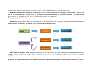 competencia en el mercado. Son ejemplos: las bebidas gaseosas a nivel mundial, y a nivel local productos como la lana. Burocrática: Pone énfasis en la autoridad organizacional y se basa en reglas administrativas, reglamentos, procedimientos, y políticas. Este tipo de control depende de la estandarización de actividades, descripciones de puestos de trabajo bien definidas y otros mecanismos administrativos. Un ejemplo concreto de control burocrático lo constituyen los presupuestos. Entre otras tipos de control tenemos: Del clan: Este tipo de enfoque se basa en las conductas de los recursos humanos de la organización dadas por los valores compartidos, las normas de grupo, las tradiciones, las creencias y otros aspectos de la cultura organizacional. 
Según el nivel de estructura formal: La división en niveles de control no es uniforme para todas las organizaciones y dependerá básicamente del grado de descentralización que exista en cada una de ellas, lo que determinará el nivel jerárquico en el que se adopten decisiones vinculadas al control. 
Es evidente, por la misma definición de control, que existe una estrecha relación entre los niveles de Planeamiento, Estructura Formal y Control. 
FACTORES EXTERNOS 
FACTORES INTERNOS 
Control de Mercado 
Control Burocrático 
Mecanismos externos del mercado 
Control del Clan 
Autoridad organizacional 
Cultura organizacional  