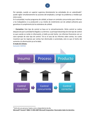6 
Por ejemplo, cuando un superior supervisa directamente las actividades de un subordinado4, puede vigilar simultáneamente las acciones del empleado y corregir los problemas a medida que estos surjan. En la actualidad, muchos programas de calidad, se basan en controles concurrentes para informar a los trabajadores si su producción y sus niveles de rendimiento son de calidad suficiente para garantizar el cumplimiento de los estándares de calidad. Correctivo: Este tipo de control se basa en la retroalimentación. Dicho control se realiza después de que la actividad ha llegado a su término. La principal desventaja de este tipo de control es que cuando se recibe la información, el daño ya está hecho. Los informes financieros son un claro ejemplo de este tipo de control. Tal es el caso de los informes sobre ventas, los cuales muestran que los ingresos por ventas han disminuido o aumentado, esto es que el hecho del aumento o la disminución ya se ha dado. A modo de síntesis: 
Ilustración 2 SINTESIS 
4 Dicho de una persona: Sujeta a otra o dependiente de ella. Microsoft® Encarta® 2008. © 1993-2007 Microsoft Corporation. Reservados todos los derechos. 
Insumo 
Proceso 
Producto 
Control preventivo 
Control concurrente 
Control correctivo  