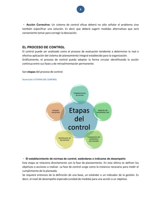 8 
Acción Correctiva: Un sistema de control eficaz deberá no sólo señalar el problema sino también especificar una solución. Es decir que deberá sugerir medidas alternativas que será conveniente tomar para corregir la desviación. 
EL PROCESO DE CONTROL 
El control puede ser analizado como el proceso de evaluación tendiente a determinar la real o efectiva aplicación del sistema de planeamiento integral establecido para la organización. Gráficamente, el proceso de control pueda adoptar la forma circular identificando la acción continua entre sus fases y de retroalimentación permanente: Son etapas del proceso de control: 
Ilustración 3 ETAPAS DEL CONTROL 
El establecimiento de normas de control, estándares o indicares de desempeño 
Esta etapa se relaciona directamente con la fase de planeamiento. En esta última se definen los objetivos o acciones a realizar. La fase de control surge como la instancia necesaria para medir el cumplimiento de lo planeado. Se requiere entonces de la definición de una base, un estándar o un indicador de la gestión. Es decir, el nivel de desempeño esperado (unidad de medida) para una acción o un objetivo. 
Etapas del control 
Establecimiento de normas 
Medición del rendimiento real 
Comparacíon del rendimiento real-estandar 
Identificación de desviaciones 
Acciones correctivas  