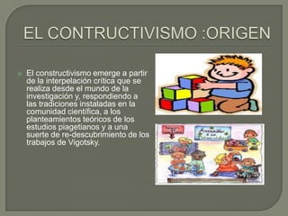    El constructivismo emerge a partir
    de la interpelación crítica que se
    realiza desde el mundo de la
    investigación y, respondiendo a
    las tradiciones instaladas en la
    comunidad científica, a los
    planteamientos teóricos de los
    estudios piagetianos y a una
    suerte de re-descubrimiento de los
    trabajos de Vigotsky.
 