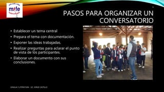 PASOS PARA ORGANIZAR UN
CONVERSATORIO
• Establecer un tema central
• Prepara el tema con documentación.
• Exponer las ideas trabajadas.
• Realizar preguntas para aclarar el punto
de vista de los participantes.
• Elaborar un documento con sus
conclusiones.
LENGUA Y LITERATURA - LIC. JORGE CASTILLO
6
 