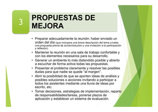 PROPUESTAS DE
MEJORA
•  Preparar adecuadamente la reunión: haber enviado un
orden del día (que incluyera una breve descripción del tema a tratar,
una propuesta previa de acción/solución y una invitación a la participación
y reflexión).
•  Mantener la reunión en una sala de trabajo confortable y
con los elementos necesarios para su desarrollo.
•  Generar un ambiente lo más distendido posible y abierto
a escuchar de forma activa todas las propuestas.
•  Presentar el problema claramente y resolver las posibles
dudas para que nadie se quede “al margen”.
•  Abrir la posibilidad de que se aporten ideas de análisis y
posibles soluciones o acciones invitando a participar a
todos los asistentes mediante una lluvia de ideas por
escrito, etc.
•  Tomar decisiones, estrategias de implementación, reparto
de responsabilidades/tareas, ponerse plazos de
aplicación y establecer un sistema de evaluación.
3
 