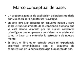 Marco conceptual de base: 
• Un esquema general de explicación del psiquismo dado 
por Silo en su libro Apuntes de Psicología. 
• En este libro Silo presenta un esquema nuevo y claro 
sobre el funcionamiento de la conciencia humana que 
ya está siendo valorado por las nuevas corrientes 
psicológicas que empiezan a considerar a lo existencial 
como la base para entender la estructura de nuestra 
mente. 
• Es decir, el libro es un estudio desde mi experiencia 
espiritual entendiéndola con el esquema de 
comprensión de la nueva psicología humanista de Silo. 
 