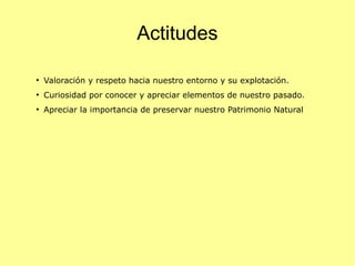 Actitudes
●

Valoración y respeto hacia nuestro entorno y su explotación.

●

Curiosidad por conocer y apreciar elementos de nuestro pasado.

●

Apreciar la importancia de preservar nuestro Patrimonio Natural

 