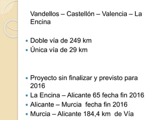 Vandellos – Castellón – Valencia – La
Encina
 Doble vía de 249 km
 Única vía de 29 km
 Proyecto sin finalizar y previsto para
2016
 La Encina – Alicante 65 fecha fin 2016
 Alicante – Murcia fecha fin 2016
 Murcia – Alicante 184,4 km de Vía
 