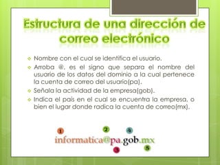    Nombre con el cual se identifica el usuario.
   Arroba @, es el signo que separa el nombre del
    usuario de los datos del dominio a la cual pertenece
    la cuenta de correo del usuario(pa).
   Señala la actividad de la empresa(gob).
   Indica el país en el cual se encuentra la empresa, o
    bien el lugar donde radica la cuenta de correo(mx).
 