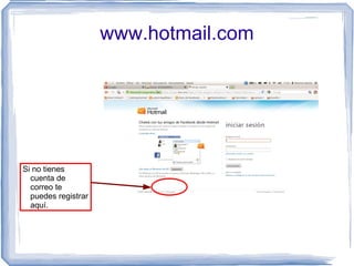 www.hotmail.com




Si no tienes
  cuenta de
  correo te
  puedes registrar
  aquí.
 