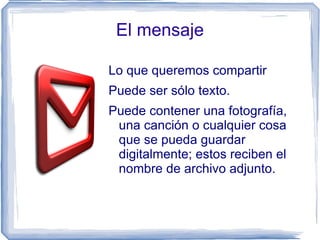 El mensaje

Lo que queremos compartir
Puede ser sólo texto.
Puede contener una fotografía,
 una canción o cualquier cosa
 que se pueda guardar
 digitalmente; estos reciben el
 nombre de archivo adjunto.
 