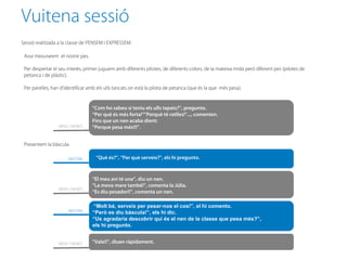 Vuitena sessió
Sessió realitzada a la classe de PENSEM I EXPRESSEM

 Avui mesurarem el nostre pes.

 Per despertar el seu interès, primer juguem amb diferents pilotes, de diferents colors, de la mateixa mida però diferent pes (pilotes de
 petanca i de plàstic).

 Per parelles, han d’identificar amb els ulls tancats on està la pilota de petanca (que és la que més pesa).


                                  “Com ho sabeu si teniu els ulls tapats?”, pregunto.
                                  “Per què és més forta!”“Perquè té ratlles!”..., comenten.
                                  Fins que un nen acaba dient:
                  NENS i NENES    “Perque pesa més!!!”.


 Presentem la bàscula.

                      MESTRA        “Què és?”, ”Per què serveix?”, els hi pregunto.



                                  “El meu avi té una”, diu un nen.
                                  “La meva mare també!”, comenta la Júlia.
                  NENS i NENES
                                  “Es diu pesador!!”, comenta un nen.

                                  “Molt bé, serveix per pesar-nos el cos!”, el hi comento.
                      MESTRA      “Però es diu bàscula!”, els hi dic.
                                  “Us agradaria descobrir qui és el nen de la classe que pesa més?”,
                                  els hi pregunto.


                  NENS i NENES    “Vale!!”, diuen ràpidament.
 