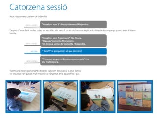 Catorzena sessió
Avui a la conversa parlem de la família!


                  NENS i NENES    "Nosaltres som 3" diu ràpidament l'Alejandro.

Després d'anar dient moltes coses en veu alta cada nen, d' un en un, han anat explicant a la resta de companys quants eren a la seva
família.
                                  "Nosaltres som 7 germans!" Diu l’Anna.
                                  " Uaaaau" comenta l'Alejandro.
                  NENS i NENES    "En mi casa somos 6!"comenta l'Alexandra.


                      MESTRA       " Seis??" Le pregunto ( sé que són cinc)


                                  " Tenemos un perro! Entonces somos seis" Ens
                  NENS i NENES    diu molt segura.


Estem una estona conversant i després cada nen dibuixarà a la seva família.
Els dibuixos han quedat molt macos! Els han pintat amb aquarel·les i guix.
 