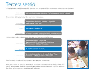 Tercera sessió
La Claudia ha anat a la biblioteca amb la seva mare i ens ha portat un llibre on expliquen moltes coses del cos humà.


                  NENS i NENES     "Els músculs envuelven los huesos y así nos podemos mover!“, Claudia"

Els nens miren detingudament el llibre i comenten moltes coses


                                   “Hay muchos músculos”, comenta l’Alejandro.
                  NENS i NENES    “Y són fuertes”, diu l’Alex


                      MESTRA       Són fuertes?, comento jo.


                  NENS i NENES     “Si porque hacemos fuerza y sale bola”, comenta el Luís.

Hem descobert, llegint una pàgina del llibre, que en el cos humà hi ha 206 ossos!

                                   "Hi ha molts ossos!!" Diu la Leire.
                                  "S'ajunten amb les articulacions" diu el Victor
                  NENS i NENES    "Així els podem doblegar" Cristobal.


                      MESTRA       “Les articulacions?” els hi dic.


                                  “Les articulacions estan en els ossos!”, diu el Victor.
                  NENS i NENES    “I si mirem a la PDI?”, diu l’Anna.r" Cristobal.


Hem buscat a la PDI què volia dir articulació, i hem descobert moltes coses.

Per acabar la sessió els nens s’ha distribuït per la classe hi han anat mirant els llibres que han anat
portant per treballar el tema del Cos Humà. Descobreixen moltes coses quan s’agrupen al voltant
d’un llibre i parlen, comenten, i s’expliquen allò què veuen.
 