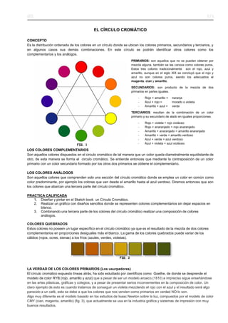 ARTE R.P.A.
EL CÍRCULO CROMÁTICO
CONCEPTO
Es la distribución ordenada de los colores en un círculo donde se ubican los colores primarios, secundarios y terciarios, y
en algunos casos sus demás combinaciones. En este círculo se podrán identificar otros colores como los
complementarios y los análogos.
PRIMARIOS: son aquellos que no se pueden obtener por
mezcla alguna, también se les conoce como colores puros.
Estos tres colores tradicionalmente son el rojo, azul y
amarillo, aunque en el siglo XIX se concluyó que el rojo y
azul no son colores puros, siendo los adecuados el
magenta, cian y amarillo.
SECUNDARIOS: son producto de la mezcla de dos
primarios en partes iguales.
- Rojo + amarillo = naranja
- Azul + rojo = morado o violeta
- Amarillo + azul = verde
TERCIARIOS: resultan de la combinación de un color
primario y su secundario de alado en iguales proporciones.
- Rojo + violeta = rojo violáceo
- Rojo + anaranjado = rojo anaranjado
- Amarillo + anaranjado = amarillo anaranjado
- Amarillo + verde = amarillo verdoso
- Azul + verde = azul verdoso
- Azul + violeta = azul violáceo.
LOS COLORES COMPLEMENTARIOS
Son aquellos colores dispuestos en el circulo cromático de tal manera que un color queda diametralmente equidistante de
otro, de esta manera se forma el circulo cromático. Se entiende entonces que mediante la contraposición de un color
primario con un color secundario formado por los otros dos primarios se obtiene el complementario.
LOS COLORES ANÁLOGOS
Son aquellos colores que comprenden solo una sección del círculo cromático donde se emplea un color en común como
color predominante, por ejemplo los colores que van desde el amarillo hasta el azul verdoso. Diremos entonces que son
los colores que abarcan una tercera parte del círculo cromático.
PRACTICA CALIFICADA
1. Diseñar y pintar en el Sketch book un Círculo Cromático.
2. Realizar un gráfico con diseños sencillos donde se representen colores complementarios sin dejar espacios en
blanco.
3. Combinando una tercera parte de los colores del círculo cromático realizar una composición de colores
análogos.
COLORES QUEBRADOS
Estos colores no poseen un lugar específico en el círculo cromático ya que es el resultado de la mezcla de dos colores
complementarios en proporciones desiguales más el blanco. La gama de los colores quebrados puede variar de los
cálidos (rojos, ocres, sienas) a los fríos (azules, verdes, violetas).
LA VERDAD DE LOS COLORES PRIMARIOS (Los usurpadores)
El círculo cromático expuesto líneas atrás, ha sido estudiado por científicos como Goethe, de donde se desprende el
modelo de color RYB (rojo, amarillo y azul) que a pesar de ser un modelo arcaico (1810) e impreciso sigue enseñándose
en las artes plásticas, gráficas y colegios, y a pesar de presentar serios inconvenientes en la composición de color. Un
claro ejemplo de esto es cuando tratamos de conseguir un violeta mezclando el rojo con el azul y el resultado será algo
parecido a un café, esto se debe a que los colores que nos venden como primarios en verdad NO lo son.
Algo muy diferente es el modelo basado en los estudios de Isaac Newton sobre la luz, compuestos por el modelo de color
CMY (cian, magenta, amarillo) (fig. 3), que actualmente se usa en la industria gráfica y sistemas de impresión con muy
buenos resultados.
FIG. 1
FIG. 2
 