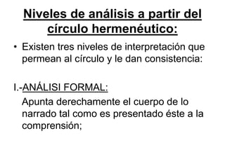 Niveles de análisis a partir del
círculo hermenéutico:
• Existen tres niveles de interpretación que
permean al círculo y le dan consistencia:
I.-ANÁLISI FORMAL:
Apunta derechamente el cuerpo de lo
narrado tal como es presentado éste a la
comprensión;
 
