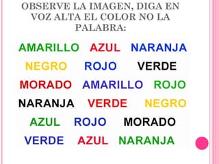 OBSERVE LA IMAGEN, DIGA EN VOZ ALTA EL COLOR NO LA PALABRA: 