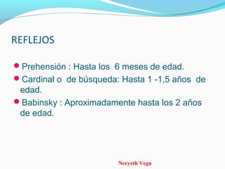 Neryeth Vega
REFLEJOS
Prehensión : Hasta los 6 meses de edad.
Cardinal o de búsqueda: Hasta 1 -1,5 años de
edad.
Babinsky : Aproximadamente hasta los 2 años
de edad.
 