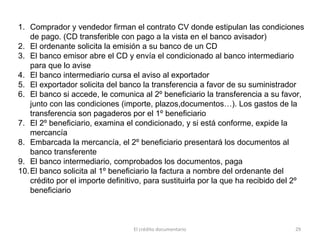 El crédito documentario 29
1. Comprador y vendedor firman el contrato CV donde estipulan las condiciones
de pago. (CD transferible con pago a la vista en el banco avisador)
2. El ordenante solicita la emisión a su banco de un CD
3. El banco emisor abre el CD y envía el condicionado al banco intermediario
para que lo avise
4. El banco intermediario cursa el aviso al exportador
5. El exportador solicita del banco la transferencia a favor de su suministrador
6. El banco si accede, le comunica al 2º beneficiario la transferencia a su favor,
junto con las condiciones (importe, plazos,documentos…). Los gastos de la
transferencia son pagaderos por el 1º beneficiario
7. El 2º beneficiario, examina el condicionado, y si está conforme, expide la
mercancía
8. Embarcada la mercancía, el 2º beneficiario presentará los documentos al
banco transferente
9. El banco intermediario, comprobados los documentos, paga
10.El banco solicita al 1º beneficiario la factura a nombre del ordenante del
crédito por el importe definitivo, para sustituirla por la que ha recibido del 2º
beneficiario
 