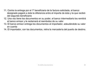 El crédito documentario 30
11. Contra la entrega por el 1º beneficiario de la factura solicitada, el banco
designado pagará a éste la diferencia entre el importe de ésta y la que recibió
del segundo beneficiario
12. Una vez tiene los documentos en su poder, el banco intermediario los remitirá
al banco emisor y le reclamará el reembolso de su valor
13. El banco emisor entrega los documentos al importador, adeudándole su valor
en cuenta
14. El importador, con los documentos, retira la mercadería del puerto de destino.
 
