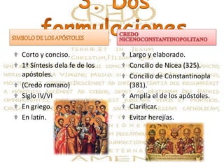 Corto y conciso.
1ª Síntesis dela fe de los
apóstoles.
(Credo romano)
Siglo IV/VI
En griego.
En latín.
Largo y elaborado.
Concilio de Nicea (325).
Concilio de Constantinopla
(381).
Amplía el de los apóstoles.
Clarificar.
Evitar herejías.
 