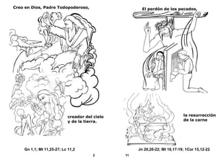 Creo en Dios, Padre Todopoderoso,
© educarconjesus.blogspot.com
El perdón de los pecados,
la resurrección
de la carne
creador del cielo
y de la tierra.
Gn 1,1; Mt 11,25-27; Lc 11,2
Jn 20,20-22; Mt 16,17-19; 1Cor 15,12-22
2
11