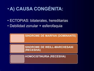 •A) CAUSA CONGÉNITA:
• ECTOPIAS: bilaterales, hereditarias
• Debilidad zonular + esferofaquia
SINDROME DE MARFAN (DOMINANTE)
SINDROME DE WEILL-MARCHESANI
(RECESIVA)
HOMOCISTINURIA (RECESIVA)
 