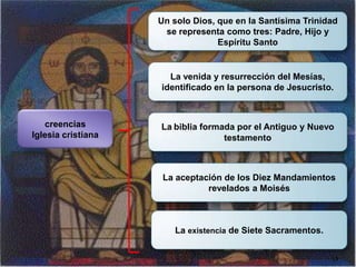 Un solo Dios, que en la Santísima Trinidad se representa como tres: Padre, Hijo y Espíritu SantoLa venida y resurrección del Mesías, identificado en la persona de Jesucristo.creenciasIglesia cristianaLabiblia formada por el Antiguo y Nuevo testamentoLa aceptación de los Diez Mandamientos revelados a MoisésLa existencia de Siete Sacramentos.13