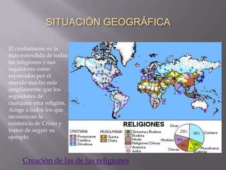 SITUACIÓN GEOGRÁFICA

El cristianismo es la
más extendida de todas
las religiones y sus
seguidores están
esparcidos por el
mundo mucho más
ampliamente que los
seguidores de
cualquier otra religión.
Acoge a todos los que
reconozcan la
existencia de Cristo y
traten de seguir su
ejemplo.



     Creación de las de las religiones
 
