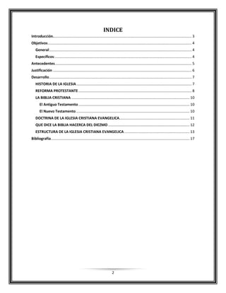 2
INDICE
Introducción........................................................................................................................................ 3
Objetivos............................................................................................................................................. 4
General:........................................................................................................................................... 4
Específicos:...................................................................................................................................... 4
Antecedentes...................................................................................................................................... 5
Justificación ........................................................................................................................................ 6
Desarrollo............................................................................................................................................ 7
HISTORIA DE LA IGLESIA................................................................................................................. 7
REFORMA PROTESTANTE............................................................................................................... 8
LA BIBLIA CRISTIANA .................................................................................................................... 10
El Antiguo Testamento............................................................................................................. 10
El Nuevo Testamento ............................................................................................................... 10
DOCTRINA DE LA IGLESIA CRISTIANA EVANGELICA..................................................................... 11
QUE DICE LA BIBLIA HACERCA DEL DIEZMO................................................................................ 12
ESTRUCTURA DE LA IGLESIA CRISTIANA EVANGELICA ................................................................ 13
Bibliografía........................................................................................................................................ 17
 
