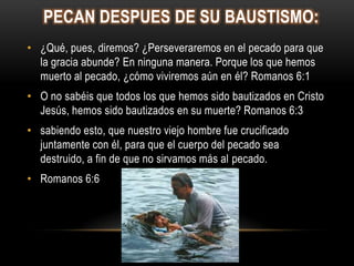PECAN DESPUES DE SU BAUSTISMO:
• ¿Qué, pues, diremos? ¿Perseveraremos en el pecado para que
  la gracia abunde? En ninguna manera. Porque los que hemos
  muerto al pecado, ¿cómo viviremos aún en él? Romanos 6:1
• O no sabéis que todos los que hemos sido bautizados en Cristo
  Jesús, hemos sido bautizados en su muerte? Romanos 6:3
• sabiendo esto, que nuestro viejo hombre fue crucificado
  juntamente con él, para que el cuerpo del pecado sea
  destruido, a fin de que no sirvamos más al pecado.
• Romanos 6:6
 