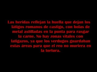 Las heridas reflejan la huella que dejan los látigos romanos de castigo, con bolas de metal astilladas en la punta para rasgar la carne. No hay zonas vitales con latigazos, ya que los verdugos guardaban estas áreas para que el reo no muriera en la tortura. 