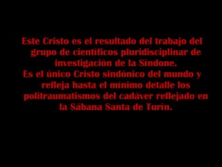 Este Cristo es el resultado del trabajo del grupo de científicos pluridisciplinar de investigación de la Síndone. Es el único Cristo sindónico del mundo y refleja hasta el mínimo detalle los politraumatismos del cadáver reflejado en la Sábana Santa de Turín. 