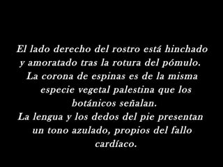 El lado derecho del rostro está hinchado
y amoratado tras la rotura del pómulo.
  La corona de espinas es de la misma
     especie vegetal palestina que los
            botánicos señalan.
La lengua y los dedos del pie presentan
    un tono azulado, propios del fallo
                 cardíaco.
 