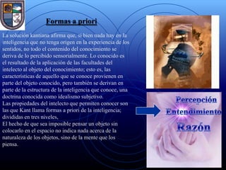 Formas a priori
La solución kantiana afirma que, si bien nada hay en la
inteligencia que no tenga origen en la experiencia de los
sentidos, no todo el contenido del conocimiento se
deriva de lo percibido sensorialmente. Lo conocido es
el resultado de la aplicación de las facultades del
intelecto al objeto del conocimiento; esto es, las
características de aquello que se conoce provienen en
parte del objeto conocido, pero también se derivan en
parte de la estructura de la inteligencia que conoce, una
doctrina conocida como idealismo subjetivo.
Las propiedades del intelecto que permiten conocer son
las que Kant llama formas a priori de la inteligencia;
divididas en tres niveles,
El hecho de que sea imposible pensar un objeto sin
colocarlo en el espacio no indica nada acerca de la
naturaleza de los objetos, sino de la mente que los
piensa.
 