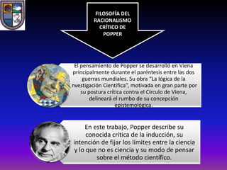 FILOSOFÍA DEL
         RACIONALISMO
            CRÍTICO DE
             POPPER




  El pensamiento de Popper se desarrolló en Viena
 principalmente durante el paréntesis entre las dos
      guerras mundiales. Su obra “La lógica de la
Investigación Científica”, motivada en gran parte por
     su postura crítica contra el Círculo de Viena,
         delineará el rumbo de su concepción
                    epistemológica.


      En este trabajo, Popper describe su
       conocida crítica de la inducción, su
 intención de fijar los límites entre la ciencia
  y lo que no es ciencia y su modo de pensar
          sobre el método científico.
 