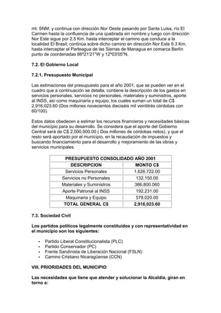 mt. SNM, y continua con dirección Nor Oeste pasando por Santa Luisa, río El 
Carmen hasta la confluencia de una quebrada sin nombre y luego con dirección 
Nor Este sigue por 2.5 Km. hasta interceptar el camino que conduce a la 
localidad El Brasil; continúa sobre dicho camino en dirección Nor Este 9.3 Km. 
hasta interceptar el Parteagua de las Sierras de Managua en comarca Berlín 
punto de coordenadas 86º21'21"W y 12º03'05"N. 
7.2. El Gobierno Local 
7.2.1. Presupuesto Municipal 
Las estimaciones del presupuesto para el año 2001, que se pueden ver en el 
cuadro que a continuación se detalla, contiene la descripción de los gastos en 
servicios personales, servicios no personales, materiales y suministros, aporte 
al INSS, así como maquinaria y equipo, los cuales suman un total de C$ 
2,916,023.60 (Dos millones novecientos dieciséis mil veintitrés córdobas con 
60/100). 
Estos datos obedecen a estimar los recursos financieros y necesidades básicas 
del municipio para su desarrollo. Se considera que el aporte del Gobierno 
Central será de C$ 2,000,000.00 ( Dos millones de córdobas netos), y que el 
resto será aportado por el municipio, en la recaudación de impuestos y 
buscando financiamiento para el desarrollo y mejoramiento de las obras y 
servicios municipales. 
PRESUPUESTO CONSOLIDADO AÑO 2001 
DESCRIPCION MONTO C$ 
Servicios Personales 1,626,722.00 
Servicios no Personales 132,150.00 
Materiales y Suministros 386,800.060 
Aporte Patronal al INSS 192,231.00 
Maquinaria y Equipo 578,020.00 
TOTAL GENERAL C$ 2,916,023.60 
7.3. Sociedad Civil 
Los partidos políticos legalmente constituidos y con representatividad en 
el municipio son los siguientes: 
·  Partido Liberal Constitucionalista (PLC) 
·  Partido Conservador (PC) 
·  Frente Sandinista de Liberación Nacional (FSLN) 
·  Camino Cristiano Nicaragüense (CCN) 
VIII. PRIORIDADES DEL MUNICIPIO 
Las necesidades que tiene que atender y solucionar la Alcaldía, giran en 
torno a: 
 
