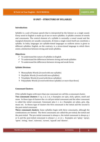B.Tech 1st Year English – ELCS MANUAL

LAQSHYA, KMM

II UNIT – STRUCTURE OF SYLLABLES
Introduction:
Syllable is a unit of human speech that is interpreted by the listener as a single sound.
Every word in English is made up of one or more syllables. A syllable consists of vowels
and consonants. The central element of a syllable is normally a vowel sound and the
marginal elements are usually consonants. At times a single vowel itself can constitute a
syllable. In India, languages are syllable-timed languages so uniform stress is given to
different syllables. English, on the contrary, is a stress-timed language in which there
exists a distinction between strong and weak syllables.
Objectives:
ü To understand the nature of syllables in English
ü To understand the differences between strong and weak syllables
ü To understand the differences between strong and weak forms
Syllabic Division:
¶
¶
¶
¶

Monosyllabic Words (A word with one-syllable)
Disyllabic Words (A word with two-syllables)
Trisyllabic Words (A word with three-syllables)
Polysyllabic Words (A word with three-syllables or more than three)

Consonant Clusters:
If the syllable begins with more than one consonant we call this a consonant cluster.
Two consonant clusters: S +p, t, k, f, m, n Examples are spin, stick, sphere, smell and
snow. In these type of clusters the s is call pre-initial consonant and the other consonant
is called the initial consonant. Consonant plus l, r, w, j Examples are plate, grin, slip,
music etc. In theses type of clusters the first consonant is the initial and the second is
the post-initial consonant.
Three consonant clusters: Some syllables begin with three consonants, although the
combinations are limited. The three consonants are called the pre-initial, the initial and
the post-initial. The pre-initial consonant is always s, the initial consonant is always p, t
or k and the post-initial consonant is always l, r, w or j. Examples are ‘splay’, ‘spray’,
‘spew’, ‘string’, ‘stew’, ‘sclerosis’, ‘screen’, ‘squeak’ and ‘skewer’.

P.RAJA RAO M.A.(Eng),M.Phil, M.B.A.,(M.Sc.Psy, Ph.D.)

ELCS MANUAL

16

 