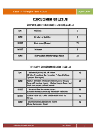 B.Tech 1st Year English – ELCS MANUAL

LAQSHYA, KMM

COURSE CONTENT FOR ELCS LAB
C OM P UTE R A S S I S TE D L A N G U A G E L E AR NI N G ( C AL L ) L AB
I UNIT

Phonetics

3

II UNIT

Structure of Syllables

16

III UNIT

Word Accent (Stress)

23

IV UNIT

Intonation

31

V UNIT

Neutralization of Mother Tongue Accent

38

I N T E R AC T I VE C O M M U N I C A T I O N S KI L L S ( I C S ) L AB
I UNIT

Ice-Breaking activity and JAM session
(Articles, Prepositions, Word formation- Prefixes & Suffixes,
Synonyms & Antonyms)

43

II UNIT

ROLE PLAY - EXPRESSIONS IN VARIOUS SITUATIONS ( Situational Dialogues –
Social and Professional Etiquette - Telephone Etiquette. Concord and
Words often misspelt- confused/misused)

52

III UNIT

DESCRIPTIONS-GIVING DIRECTIONS AND GUIDELINES
(Sequence of Tenses, Question Tags and One word substitutes)

61

IV UNIT

ACTIVE AND P ASSIVE VOICE –COMMON ERRORS IN ENGLISH (Idioms and
Phrases)

70

V UNIT

ORAL PRESENTATION SKILLS & INFORMATION TRANSFER
(RE ADING COMPREHENSION - RESUME)

74

P.RAJA RAO M.A.(Eng),M.Phil, M.B.A.,(M.Sc.Psy, Ph.D.)

ELCS MANUAL

2

 