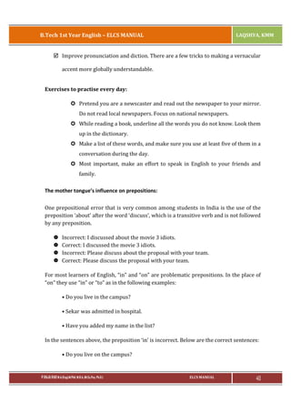 B.Tech 1st Year English – ELCS MANUAL

LAQSHYA, KMM

þ Improve pronunciation and diction. There are a few tricks to making a vernacular
accent more globally understandable.
Exercises to practise every day:
µ Pretend you are a newscaster and read out the newspaper to your mirror.
Do not read local newspapers. Focus on national newspapers.
µ While reading a book, underline all the words you do not know. Look them
up in the dictionary.
µ Make a list of these words, and make sure you use at least five of them in a
conversation during the day.
µ Most important, make an effort to speak in English to your friends and
family.
The mother tongue’s influence on prepositions:
One prepositional error that is very common among students in India is the use of the
preposition ‘about’ after the word ‘discuss’, which is a transitive verb and is not followed
by any preposition.
|
|
|
|

Incorrect: I discussed about the movie 3 idiots.
Correct: I discussed the movie 3 idiots.
Incorrect: Please discuss about the proposal with your team.
Correct: Please discuss the proposal with your team.

For most learners of English, “in” and “on” are problematic prepositions. In the place of
“on” they use “in” or “to” as in the following examples:
• Do you live in the campus?
• Sekar was admitted in hospital.
• Have you added my name in the list?
In the sentences above, the preposition ‘in’ is incorrect. Below are the correct sentences:
• Do you live on the campus?

P.RAJA RAO M.A.(Eng),M.Phil, M.B.A.,(M.Sc.Psy, Ph.D.)

ELCS MANUAL

40

 