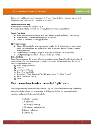B.Tech 1st Year English – ELCS MANUAL

LAQSHYA, KMM

Prospective and future employers expect it. Proper etiquette helps you make a great first
impression and stand out in a competitive job market.
Communication is Key
Verbal: What you say and how you say it
Nonverbal: handshake, posture, eye contact, facial expressions, confidence
Social Functions
Avoid hanging out exclusively with your friends; mingle and make conversation
Make attempts to meet as many people as possible
The art of small talk is asking questions
First Impressions
It takes 30 seconds for a person meeting you for the first time to form impressions
about you, your character, and abilities. You never get a second chance to make a
first impression!
You’re always ―onstage. Always be prepared to look and sound your best
Good grooming is essential. Smile and make eye contact
Introductions
In the business arena, the person of lesser importance, regardless of gender, is introduced
to the person of greater importance, regardless of gender: ―President Prince, I’d like to
introduce (student name)
Ï When being introduced:
Ï Stand up
Ï Look them in the eye
Ï Give a firm handshake
Ï Greet them - "How do you do?" or "How do you do, President Prince?"
Ï Speak slowly and clearly
Ï Smile!

Most commonly confused and misspelled English words
Some English words may sound the same yet they are so different in meaning, others may
even share full spellings, yet pronounced so differently. Bellow are most commonly
mistaken and misspelled words in English.
1. all right vs. alright
2. A lot or Alot?
3. All ready vs. Already
4. All together and altogether
5. Beside vs. besides
6. Until vs. By

rajaraopagidipalli@gmail.com

59

 