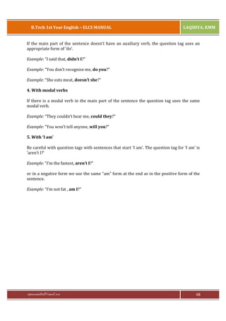 B.Tech 1st Year English – ELCS MANUAL

LAQSHYA, KMM

If the main part of the sentence doesn’t have an auxiliary verb, the question tag uses an
appropriate form of ‘do’.
Example: “I said that, didn’t I?”
Example: “You don’t recognise me, do you?”
Example: “She eats meat, doesn’t she?”
4. With modal verbs
If there is a modal verb in the main part of the sentence the question tag uses the same
modal verb.
Example: “They couldn’t hear me, could they?”
Example: “You won’t tell anyone, will you?”
5. With ‘I am’
Be careful with question tags with sentences that start ‘I am’. The question tag for ‘I am’ is
‘aren’t I?’
Example: “I’m the fastest, aren’t I?”
or in a negative form we use the same “am” form at the end as in the positive form of the
sentence.
Example: “I’m not fat , am I?”

rajaraopagidipalli@gmail.com

68

 