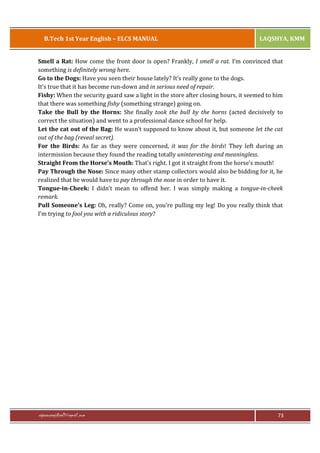 B.Tech 1st Year English – ELCS MANUAL

LAQSHYA, KMM

Smell a Rat: How come the front door is open? Frankly, I smell a rat. I’m convinced that
something is definitely wrong here.
Go to the Dogs: Have you seen their house lately? It’s really gone to the dogs.
It’s true that it has become run-down and in serious need of repair.
Fishy: When the security guard saw a light in the store after closing hours, it seemed to him
that there was something fishy (something strange) going on.
Take the Bull by the Horns: She finally took the bull by the horns (acted decisively to
correct the situation) and went to a professional dance school for help.
Let the cat out of the Bag: He wasn’t supposed to know about it, but someone let the cat
out of the bag (reveal secret).
For the Birds: As far as they were concerned, it was for the birds! They left during an
intermission because they found the reading totally uninteresting and meaningless.
Straight From the Horse’s Mouth: That’s right. I got it straight from the horse’s mouth!
Pay Through the Nose: Since many other stamp collectors would also be bidding for it, he
realized that he would have to pay through the nose in order to have it.
Tongue-in-Cheek: I didn’t mean to offend her. I was simply making a tongue-in-cheek
remark.
Pull Someone’s Leg: Oh, really? Come on, you’re pulling my leg! Do you really think that
I’m trying to fool you with a ridiculous story?

rajaraopagidipalli@gmail.com

73

 