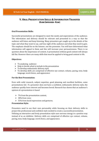 B.Tech 1st Year English – ELCS MANUAL

LAQSHYA, KMM

V. ORAL PRESENTATION SKILLS & INFORMATION TRANSFER
(READING COMPREHENSION - RESUME)

Oral Presentation Skills:
Successful presentations are designed to meet the needs and expectations of the audience.
The information and delivery should be relevant and presented in a way so that the
audience will listen and keep listening. Many presenters get caught up in the details of the
topic and what they want to say, and lose sight of the audience and what they need to gain.
The emphasis should be on the listener, not the presenter. You will have determined what
information will appeal to them and this will increase your persuasiveness. There is no
question about the importance of content. A presentation without good content will always
fall flat. However there are many skills that must be applied to bring good content to life.
Objectives:
Ø
Ø
Ø
Ø

To analyzing audience
Help to decide what to include in the presentation
To develop enthusiastic delivery style
To develop skills are comprised of effective eye contact, volume, pacing, tone, body
language, word choice, and appearance

For the Best Presentation:
Even with solid research, subject expertise, good planning and excellent facilities, some
presentations fail. If a presenter does not have a confident, enthusiastic delivery style, the
audience quickly loses interest and becomes bored. Research has shown that an audience’s
opinion of a presentation is based
Ø 7% from the presentation content,
Ø 38% from voice
Ø 55% from facial expressions and gestures.
Presentation Style:
Presenters need to use their own personality while focusing on their delivery skills to
project the professional and confident style needed to create a successful presentation.
Utilizing an interactive and lively presentation style uses nervous energy in a positive way
instead of as an inhibitor. Delivery skills are comprised of effective eye contact, volume,
pacing, tone, body language, word choice, and appearance.

rajaraopagidipalli@gmail.com

74

 