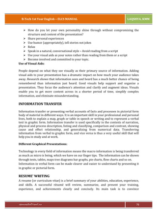 B.Tech 1st Year English – ELCS MANUAL

LAQSHYA, KMM

Ø How do you let your own personality shine through without compromising the
structure and content of the presentation?
Ø Share personal experiences
Ø Use humor (appropriately), tell stories not jokes
Ø Relax
Ø Speak in a natural, conversational style – Avoid reading from a script
Ø Use your visual aids as your notes rather than reading from them or a script
Ø Become involved and committed to your topic.
Use of Visual Aids:
People depend on what they see visually as their primary source of information. Adding
visual aids to your presentation has a dramatic impact on how much your audience takes
away. Research shows that information seen and heard has a much better chance of being
remembered than information just heard. Good visuals help support and organize a
presentation. They focus the audience’s attention and clarify and augment ideas. Visuals
enable you to get more content across in a shorter period of time, simplify complex
information, and eliminate misunderstanding.

INFORMATION TRANSFER
Information transfer or presenting verbal accounts of facts and processes in pictorial form
body of material in different ways. It is an important skill in your professional and personal
lives, both to explain a map, graph or table in speech or writing and to represent a verbal
text in graphic form. Information transfer is used specifically in the contexts of narration,
physical and process description, listing and classifying, comparison and contrast, showing
cause and effect relationship, and generalizing from numerical data. Transferring
information from verbal to graphic form, and vice versa is thus a very useful skill that will
help you in study and at work.
Different Graphical Presentations:
Technology in every field of information means the macro information is being transferred
as much as micro is being, which we have on our finger tips. The information can be shown
through texts, tables, maps tree diagrams bar graphs, pie charts, flow charts and so on.
Information in verbal form can be made clearer and easier to understand by presenting it
in graphic or pictorial form.

RESUME’ WRITING
A resume (or curriculum vitae) is a brief summary of your abilities, education, experience,
and skills. A successful résumé will review, summarize, and present your training,
experience, and achievements clearly and concisely. Its main task is to convince

rajaraopagidipalli@gmail.com

76

 