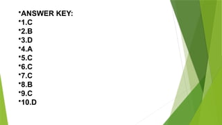 •ANSWER KEY:
•1.C
•2.B
•3.D
•4.A
•5.C
•6.C
•7.C
•8.B
•9.C
•10.D
 
