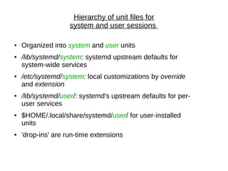 Hierarchy of unit files for
system and user sessions
● Organized into system and user units
● /lib/systemd/system: systemd upstream defaults for
system-wide services
● /etc/systemd/system: local customizations by override
and extension
● /lib/systemd/user/: systemd's upstream defaults for per-
user services
● $HOME/.local/share/systemd/user/ for user-installed
units
● 'drop-ins' are run-time extensions
 
