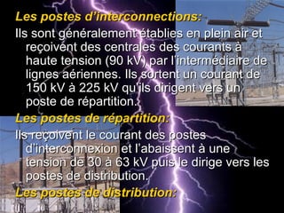 Les postes d’interconnections:Les postes d’interconnections:
Ils sont généralement établies en plein air etIls sont généralement établies en plein air et
reçoivent des centrales des courants àreçoivent des centrales des courants à
haute tension (90 kV) par l’intermédiaire dehaute tension (90 kV) par l’intermédiaire de
lignes aériennes. Ils sortent un courant delignes aériennes. Ils sortent un courant de
150 kV à 225 kV qu’ils dirigent vers un150 kV à 225 kV qu’ils dirigent vers un
poste de répartition.poste de répartition.
Les postes de répartition:Les postes de répartition:
Ils reçoivent le courant des postesIls reçoivent le courant des postes
d’interconnexion et l’abaissent à uned’interconnexion et l’abaissent à une
tension de 30 à 63 kV puis le dirige vers lestension de 30 à 63 kV puis le dirige vers les
postes de distribution.postes de distribution.
Les postes de distribution:Les postes de distribution:
 