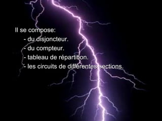 Il se compose:Il se compose:
- du disjoncteur.- du disjoncteur.
- du compteur.- du compteur.
- tableau de répartition.- tableau de répartition.
- les circuits de différentes sections.- les circuits de différentes sections.
 