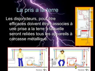 La pris a la terreLa pris a la terre
Les disjoncteurs, pour êtreLes disjoncteurs, pour être
efficaces doivent êtres associes àefficaces doivent êtres associes à
une prise a la terre à laquelleune prise a la terre à laquelle
seront reliées tous les appareils àseront reliées tous les appareils à
carcasse métallique.carcasse métallique.
 